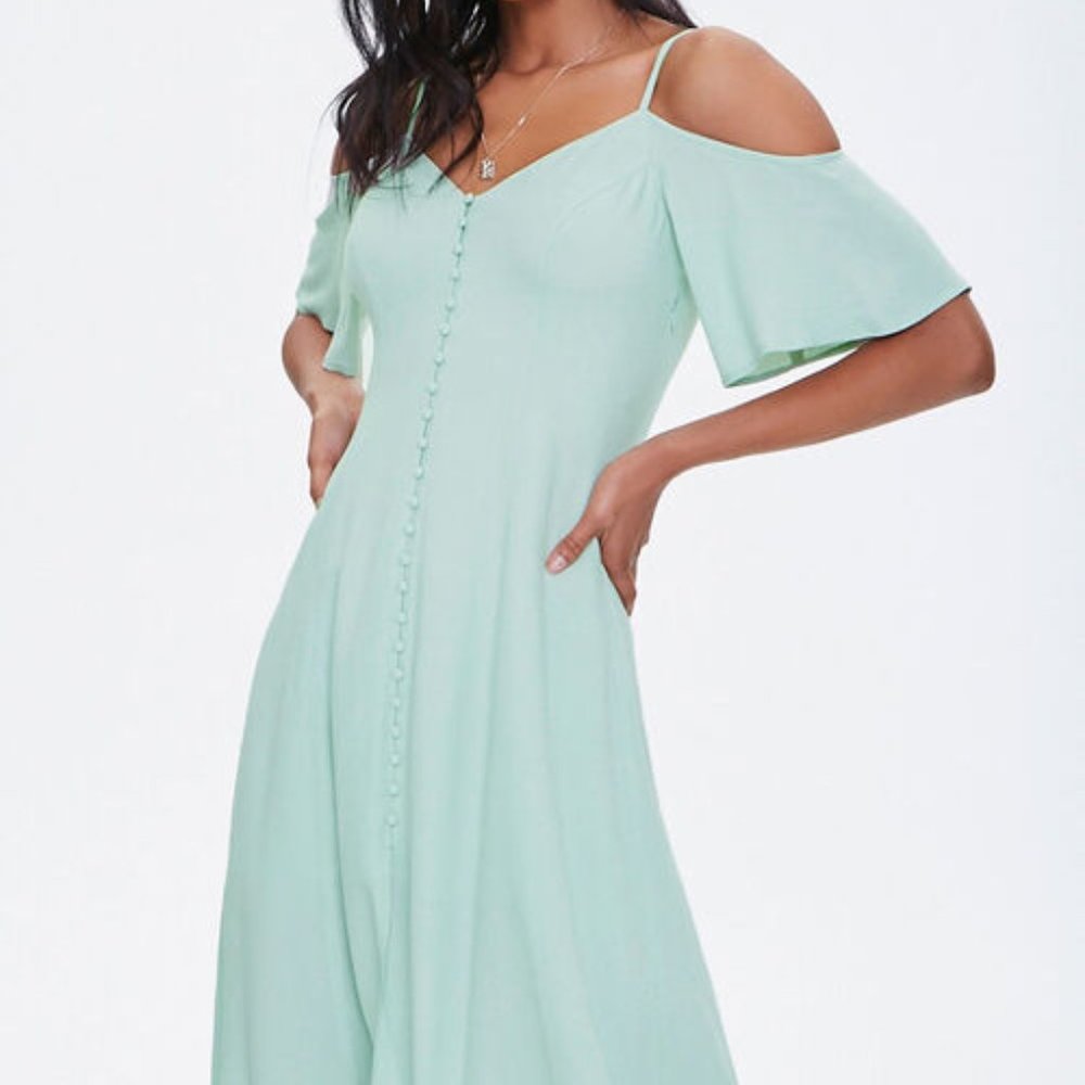Buttoned Open-Shoulder Teal Dress